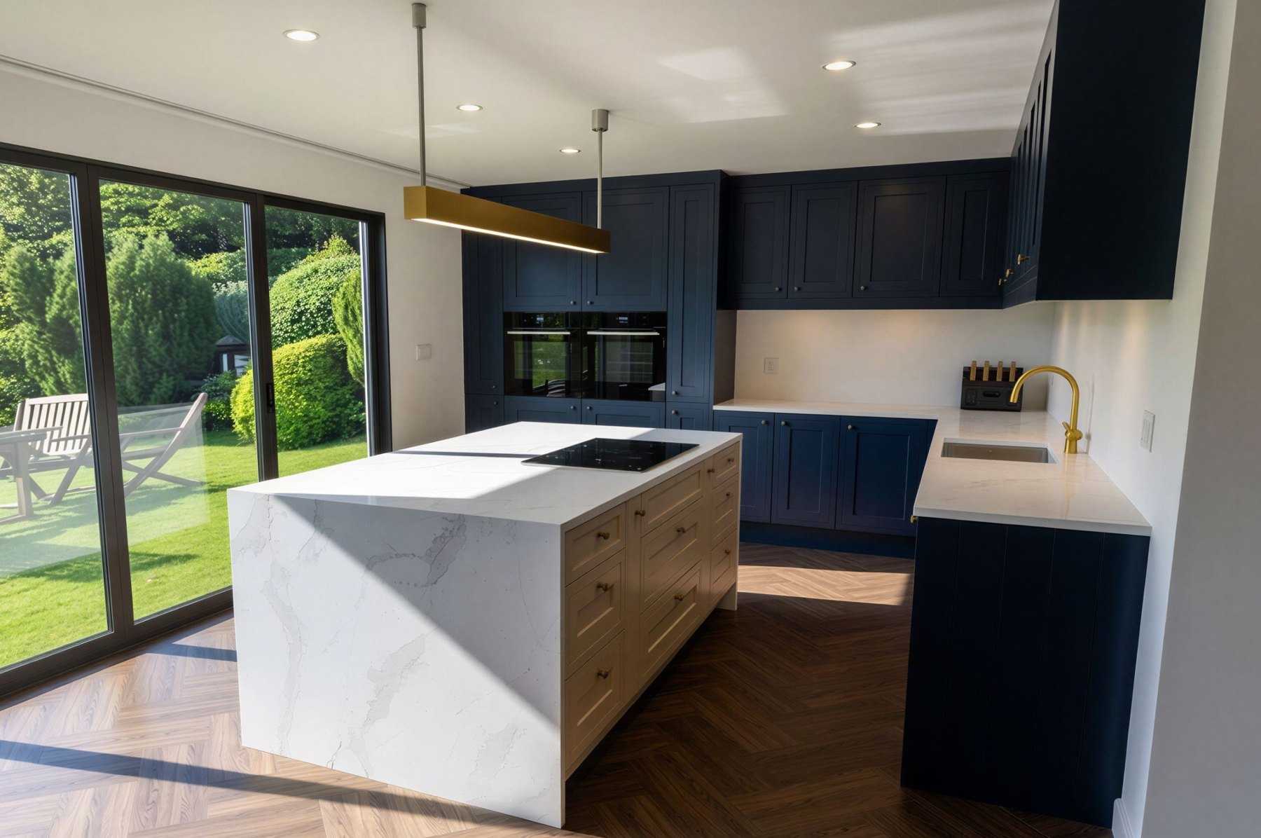 Navy kitchen with marble waterfall island